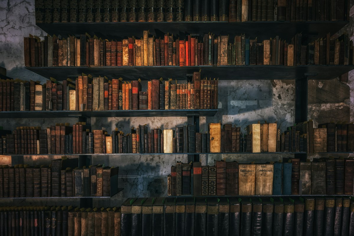 Scaffali di legno con libri in una biblioteca