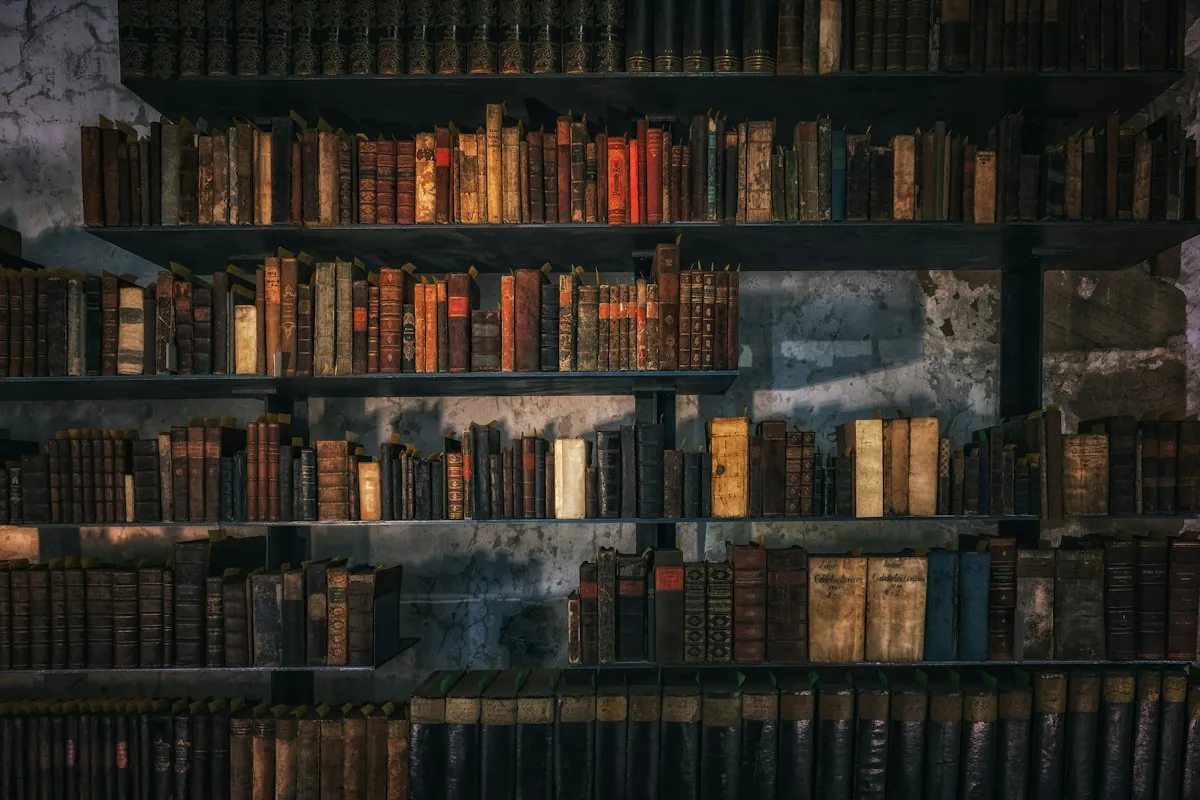 Wooden shelves with books in a library