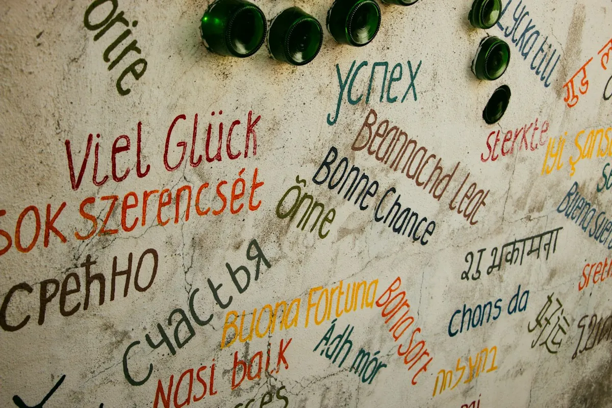 Auguri scritti in molte lingue diverse su un muro