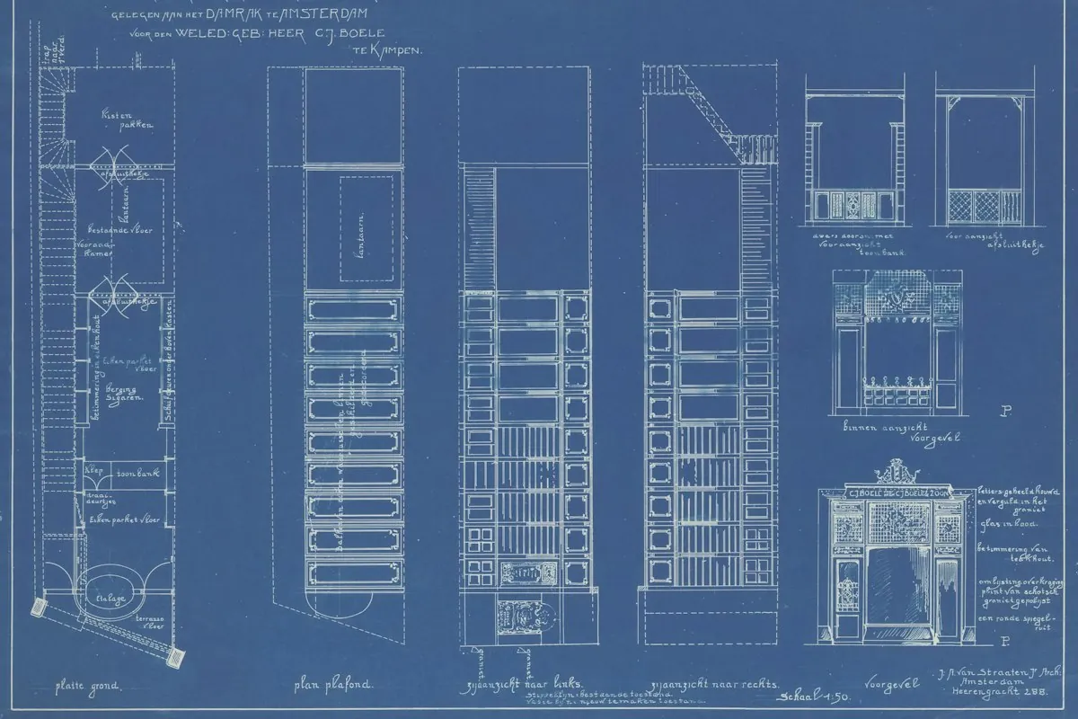 Disegno di progetto in blueprint di un edificio con finestre