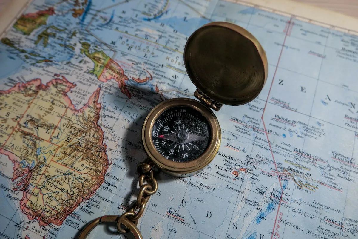 Brass compass resting on a map